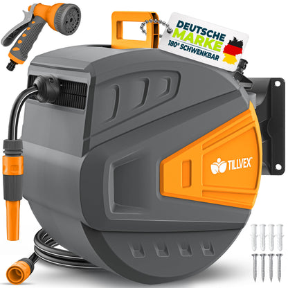 tillvex® Schlauchtrommel Wasser 20+2m mit Wandhalterung + Tragegriff | Schlauchaufroller mit Handbrause und Gartenschlauch | Wasserschlauchtrommel Automatisch 180° Schwenkbar | Wand-Schlauchbox mit Aufroll-Automatik