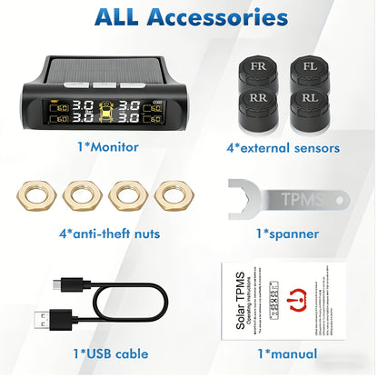Universal Auto TPMS Reifendruckkontrollsystem, kabelloser externer Sensor, Solarladung, High Definition Digital, LCD Display Autoalarm