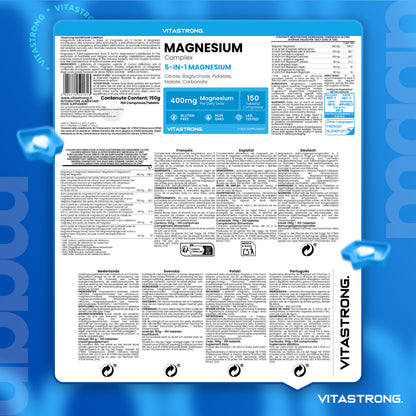 Komplettes Magnesium Vitastrong, 400 mg pro Dosis Tabletten, 5 Magnesiumquellen: Bisglycinat, Citrat, Malat, Pyridoxalat, Carbonat, Nahrungsergänzungsmittel in Tablettenform, Glutenfrei und Laktosefrei, Premium Vitastrong Qualität