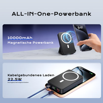 Magnetische Powerbank, 10000mAh faltbarer magnetischer kabelloser tragbarer Ladegerät mit Ständer  USB-C (seitlich), nur für iPhone 17/17 Pro/16/16 Pro/15/15 Plus/15 Pro/15 Pro Max, iPhone 14/13 Serie