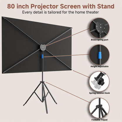 203,2 cm ALR Beamerprojektorleinwand mit Stativ, Tragetasche, 2-in-1 Wandmontage, höhenverstellbar, tragbarer 16:9 4K UHD Helle Projektion, für Outdoor Heimkino Hinterhof Kino Gaming Büro