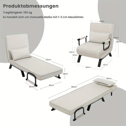 1 Stk. Elegantes Esszimmer-Sitzmöbel, 3-in-1-Sofabett, Gästebett, Klappbarer Sessel mit verstellbarer Rückenlehne, Abnehmbares Kissen, Geeignet für Schlafzimmer, Wohnzimmer, Büro, 150 kg Traglast