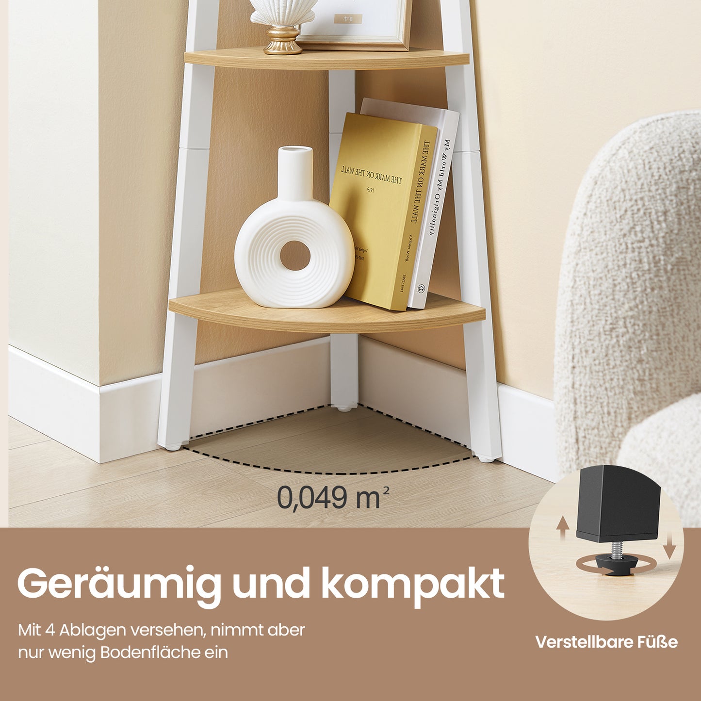 Eckregal, Bücherregal mit 4 Ebenen, Leiterregal, Aufbewahrungsregal, Pflanzenregal Wohnzimmer, mit Stahlrahmen