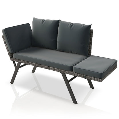 Multifunktionsbank Calvia Schwarz/Grau/Creme - klappbare Sonnenliege mit wetterfestem Polyrattan, Gartenbank mit 240 kg Belastbarkeit