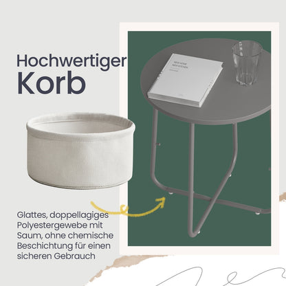 Couchtisch klein,Beistelltisch rund, kleiner Tisch, Wohnzimmertisch mit Stoffkorb, Stauraum für Wohnzimmer Schlafzimmer