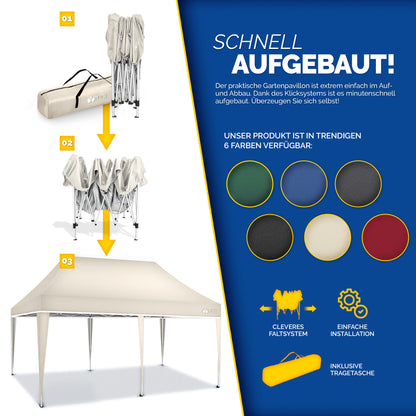 tillvex® Pavillon 3x6m Faltbar + 6x Sandsäcke | Pop-Up Faltpavillon Höhenverstellbar, Winterfest | Gartenzelt Stabil mit und ohne Seitenwänden UV Schutz 50+ | Partyzelt Wasserdicht mit Tasche für Garten