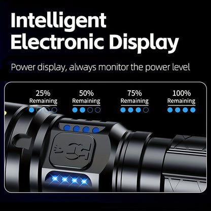 Eine leistungsstarke, wiederaufladbare Taschenlampe mit hoher Helligkeit, mit einem handgehaltenen, zoombaren LED-Design, vier Beleuchtungsmodi und einem intelligenten elektronischen Display. Ideal für Camping, Notfälle zu Hause, Jagd, Wandern und Angeln.