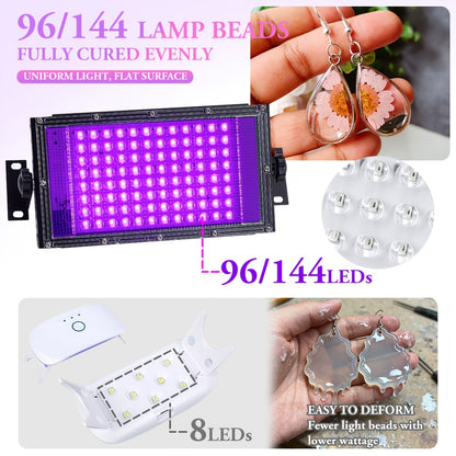 2D-Flache, Professionelle Härtungslampe mit 96/144 Hochleistungs-LEDs & verbessertem Ständer – Harzlampe mit großer Abdeckung, geeignet für 3D/2D-Harz – mit Ein-Knopf-Bedienung für Schmuckherstellung, DIY-Bastelarbeiten & Festtagsgeschenke