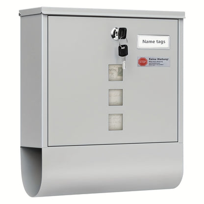 Einzelne Briefkasten mit Fach für Zeitungen, transparente Sichtfenster, Namensschild, sicherer Verschlussmechanismus, für Wandmontage konzipiert, mit zwei Schlüsseln, modernes Design, Abmessungen 33,5 x 30 x 9,5 cm