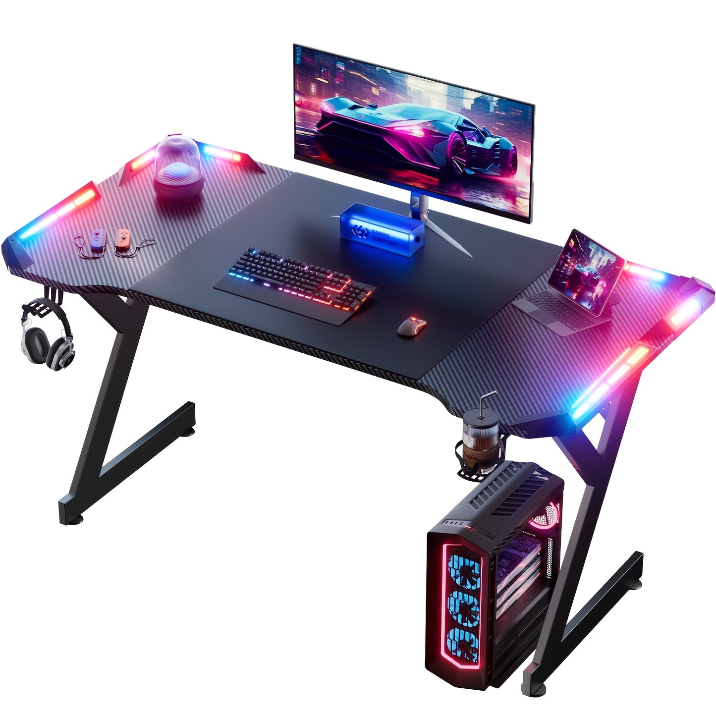 Y-förmiger Gaming-Schreibtisch mit RGB & Carbonfaser-Oberfläche – Stabiler Computertisch geeignet für Heimbüro, Nachttisch, Getränkehalter & Kopfhörerhalter, ergonomischer freistehender Schreibtisch für PC-Gamer, Holzrahmen (keine Montageprobleme)