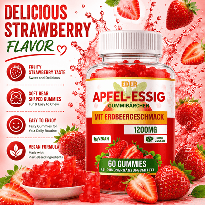 Apfelessig-Gummibärchen 1200 mg, Erdbeergeschmack, mit Vitamin C, Vitamin B6, Vitamin B9 & Vitamin B12, Rote-Bete-Extrakt, 60 vegane Gummibärchen, pflanzliches kaubares Tagespräparat für Männer & Frauen
