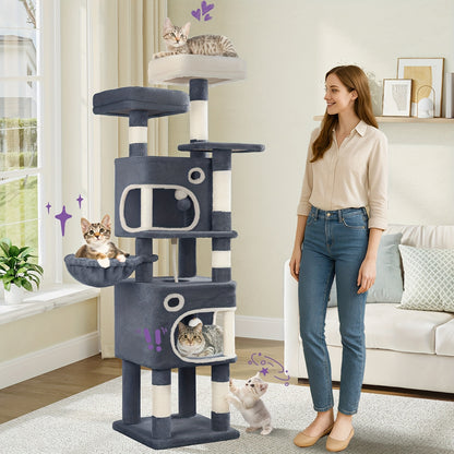 Katzenbaum, 159 cm Katzenbaum mit 8 Kratzpfosten, 3 Plattformen, 2 Höhlen, Korb, Plüschbälle, Sisalseil, geeignet für Katzen verschiedener Größen, Dunkelgrau