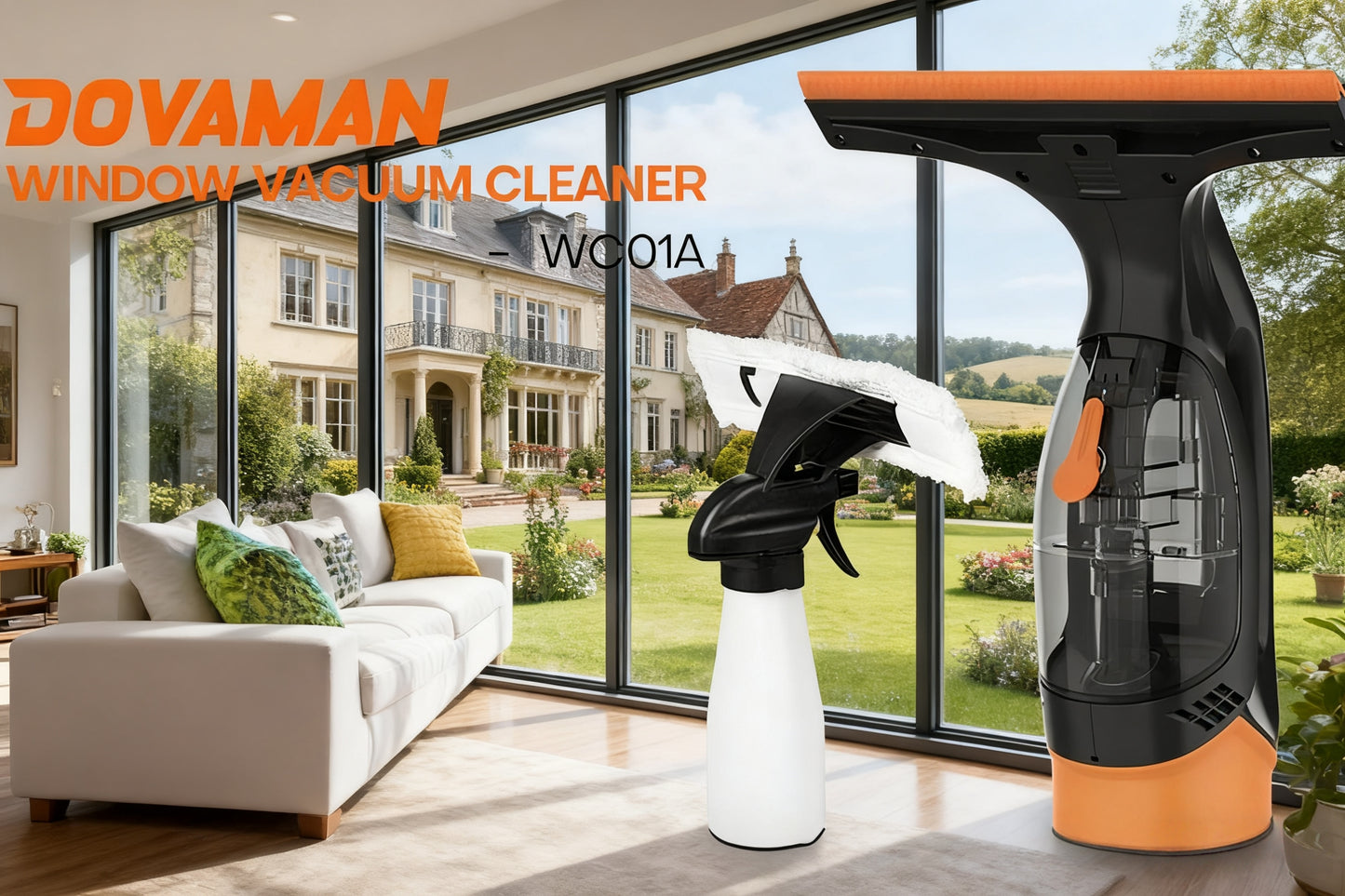 DOVAMAN Akku-Fensterstaubsauger, 30 Minuten Laufzeit, 280 mm breite Düse, 150 ml Wassertank, leichter 700 g Fensterstaubsauger mit Sprühflasche & 2 Mikrofaser-Tüchern für streifenfreie Reinigung von Fenstern, Fliesen & Spiegeln