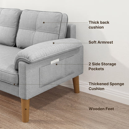 Kleine 2-Sitzer-Couch mit Armlehne  Seitentasche, 2-Sitzer-Sofa mit dicker Rückenlehne  verdicktem Schwamm, für Wohnzimmer/Schlafzimmer/Gästezimmer/Heimkino/Büro, 144 x 77 x 77 cm (Dunkelgrau/Hellgrau)
