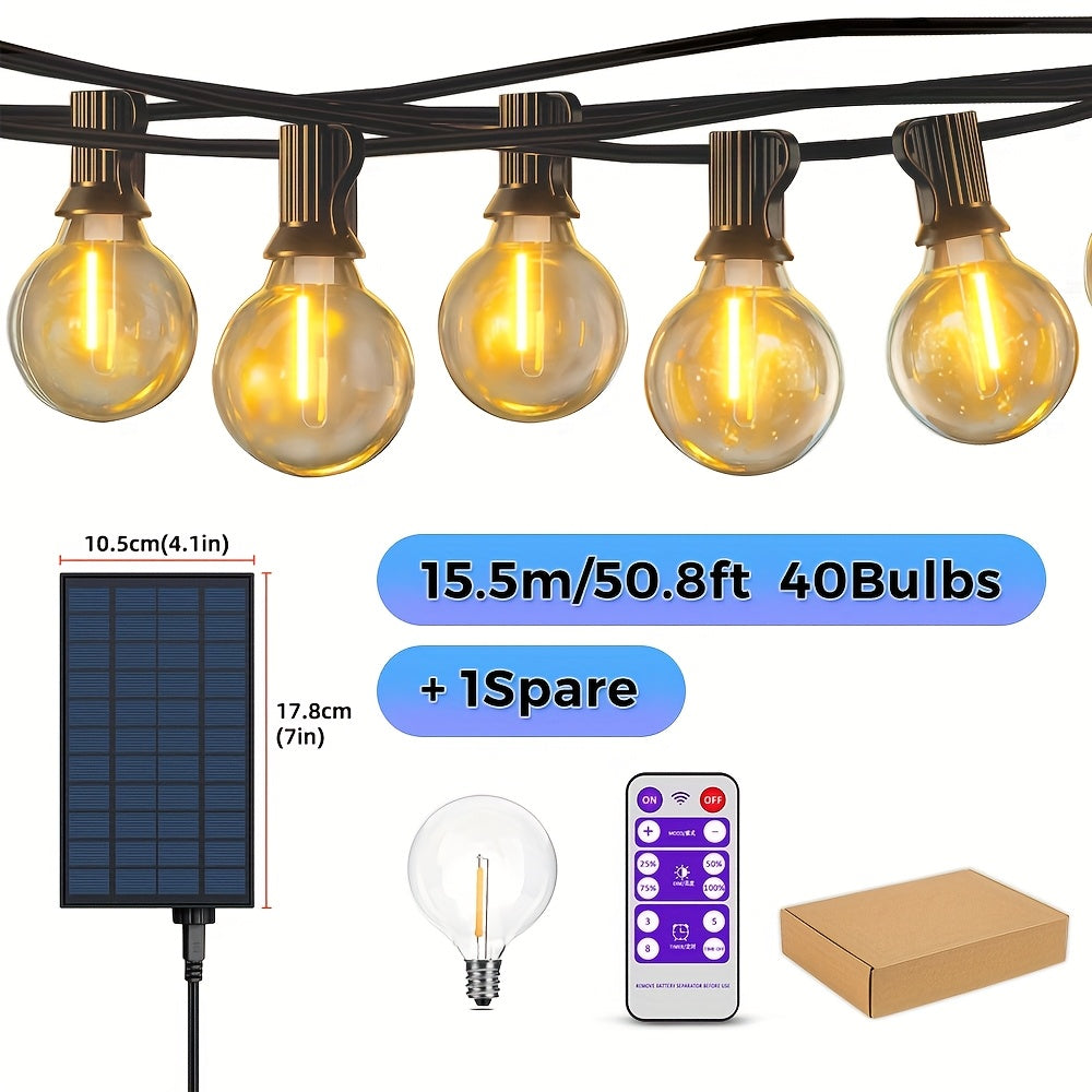 7m/9,5m/10m/12m/15,5m/17,25m G40 LED Solar-Lichterkette für den Außenbereich mit Fernbedienung, 8 Beleuchtungsmodi, IP65 Kunststoffbirne für Partys, Hochzeiten, Innen- & Außenbereich