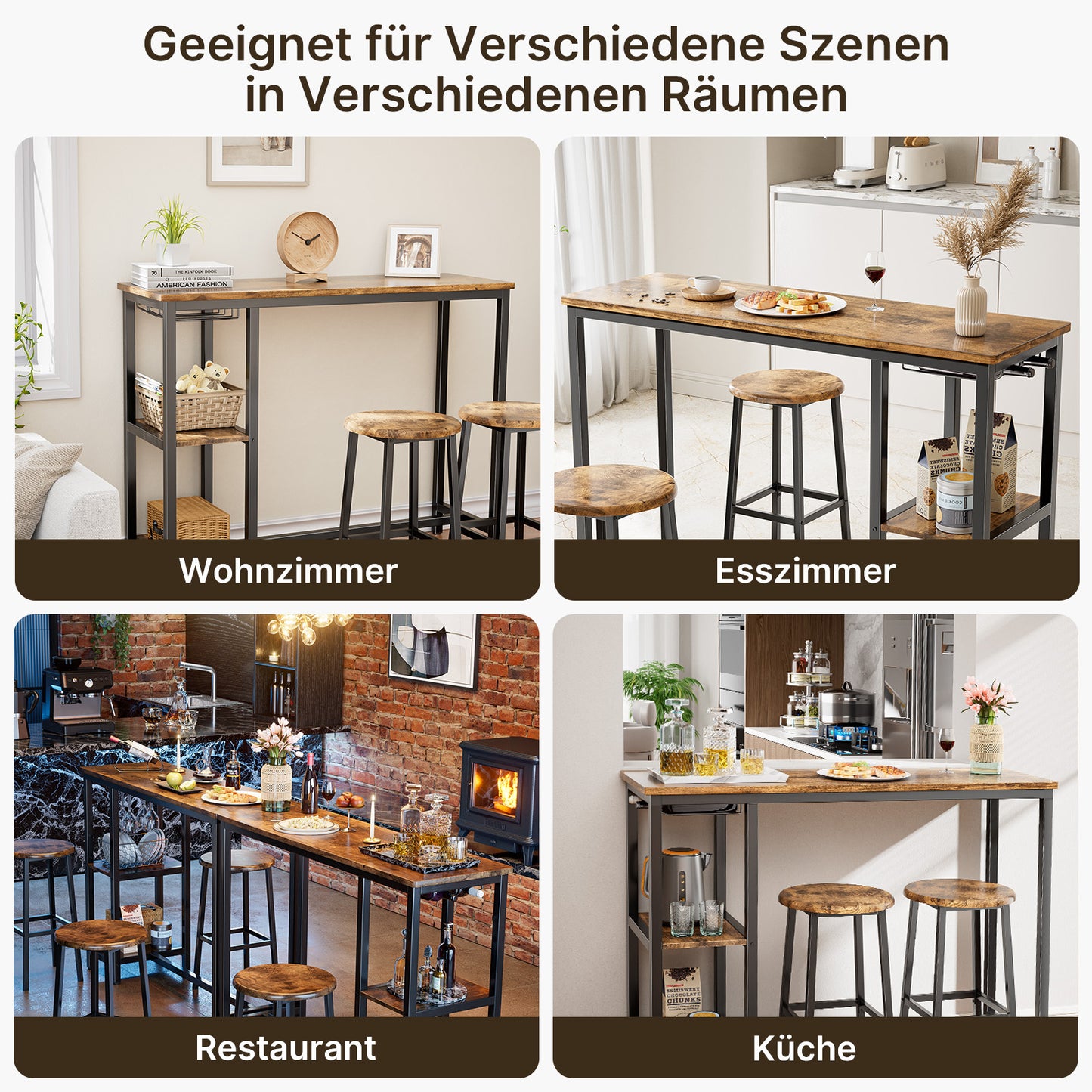 Barhocker-Set 2-tlg. mit Tisch |120 x 40 x 91,5 cm | Aus Metall | Schwarz/Retro COREE TB31