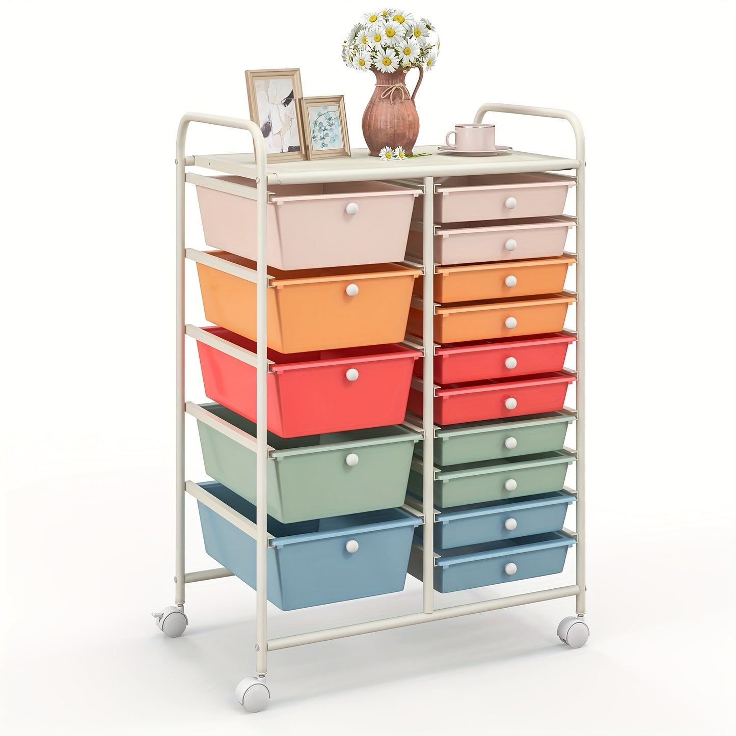 15-Schubladen Rollwagen, Vielseitiger Utility-Wagen mit abnehmbaren Schubladen & verriegelbaren Rollen, Mobiler Werkzeug-  Scrapbook-Organizer-Trolley für Zuhause, Büro, Schule, Basteln, Mehrfarbig