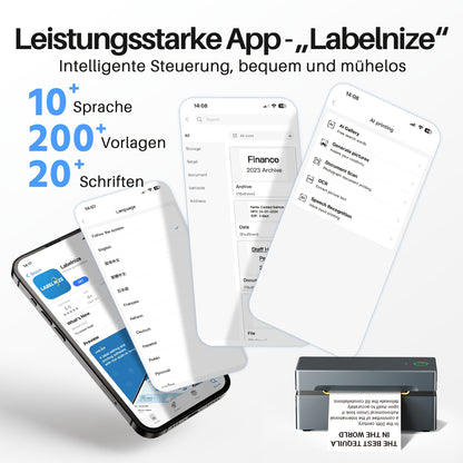 Kabelloser PL80EB Thermodrucker (50 Blatt gratis) - Einfacher, hochgeschwindiger Druck für intelligentes Business - Kompatibel mit Smartphones und Computern - für Versand, Barcodes, QR-Codes und Etiketten