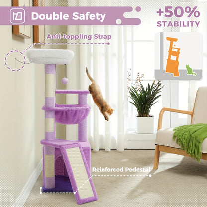 PAWZ Straßenkatzenbaum für Hauskatzen mit Riesen-Kondominium, 1 Sisalebrett, 3 Kratzpfosten, Katzenkratzturm mit Großer Hängematte & Sitzstange 90cm