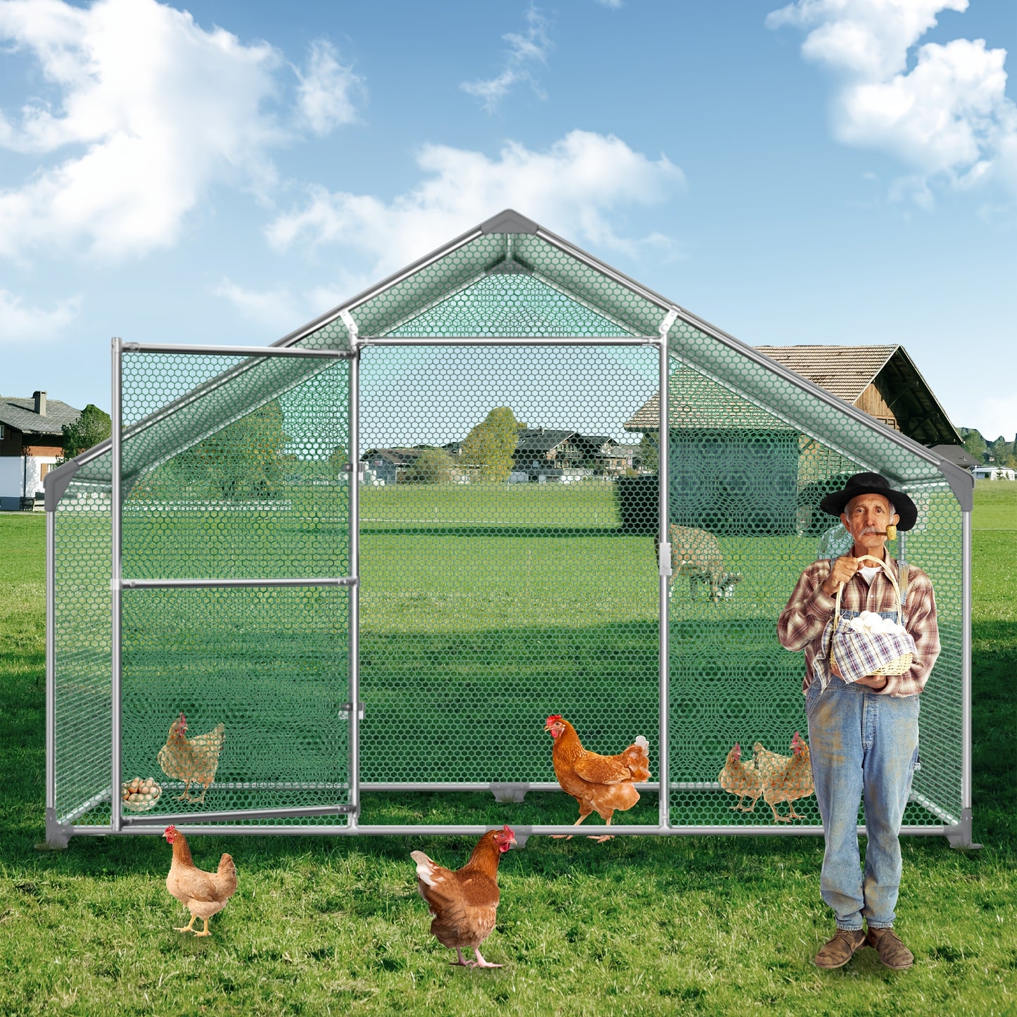 Hühnerstall Gehege Outdoor Vogelhaus Großes Freilauf Hühnerstall mit PE Sonnenschutz Abdeckung Hühnerkäfig mit verzinktem Stahlrahmen für Kaninchen Avikultur