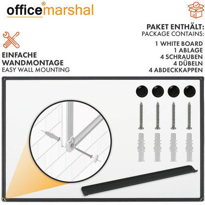 Whiteboard Magnettafel – Magnetisches Memoboard mit Alurahmen in Silber oder Schwarz, inkl. Stiftablage – Trocken abwischbare Schreibtafel für Büro, Home-Office & Schule