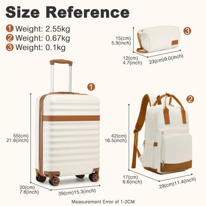 3-teiliges Koffer-Set Trolley Handgepäck Koffer Reisekoffer aus ABS + PC Hartkoffer mit 4 Rädern TSA-Schloss Koffer-Set beinhaltet 1 Reiserucksack und 1 Kulturtasche Zurück zur Schule Urlaubsgeschenk