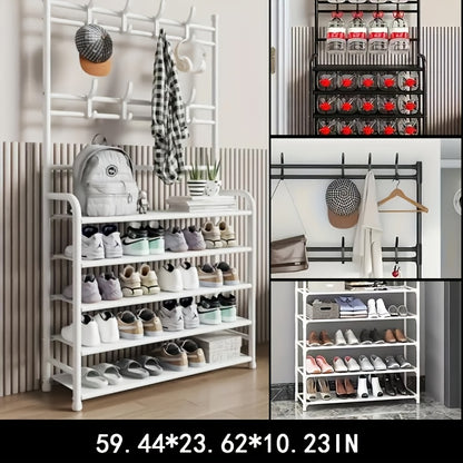 Schuhregal-Aufbewahrung – Platzsparender Garderobenständer, 5-stufiges Schuhregal mit 8 Haken, stabile goldene Metall-/Kunststoff-Struktur, freistehendes oder wandmontiertes Design für Zuhause, Büro  Geschäft – Geeignet zur Aufbewahrung von Schuhen, Mänte