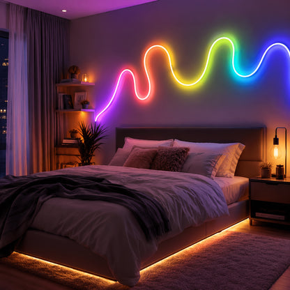 5M/10M/20M RGB Neon Lichtleiste mit Farbeinstellung über App, Fernbedienung, Timer-Einstellung, flexibel und zuschneidbar, und Musik-Rhythmus-Modus, perfekt für Bühnenbeleuchtung, Dekoration, Geschenk