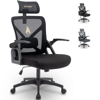 Symino Ergonomischer Bürostuhl mit verstellbarer Kopfstütze, Armlehnen, Lordosenstütze  drehbarer Schaukel-Funktion – atmungsaktives Mesh-Design, bis zu 150 kg belastbar