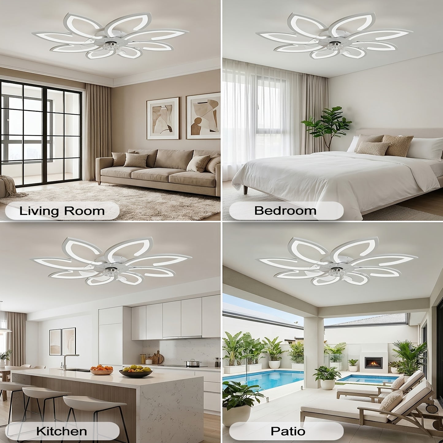 Deckenventilator im Blumenmuster (mit Beleuchtung und Fernbedienung), einstellbare LED-Leuchte, 6 Windgeschwindigkeitsstufen; geeignet für Wohnzimmer und Schlafzimmer; Weiß, 90 cm