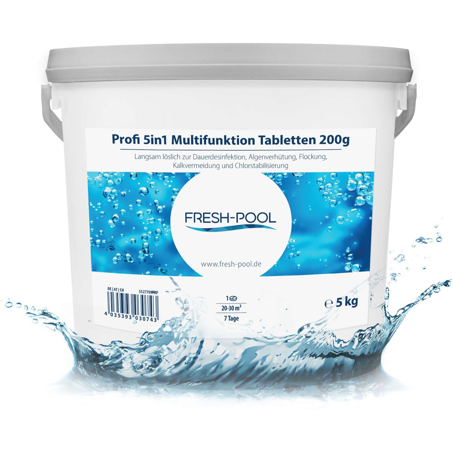 Fresh-Pool Profi 5in1 Multifunktion Tabletten 200g 5 kg - Chlortabletten für Pool mit Algizid und Flockung | Multifunktionstabletten | Multitabs 5 in 1 200g