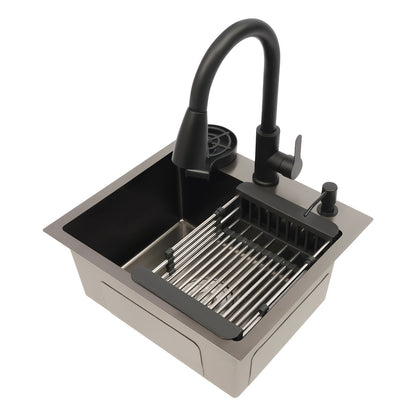 Küchenspüle mit ausziehbarem Wasserhahn, Glasbecher-Spüler, Abtropfkorb, Seifenspender, schwarzes Edelstahlspülbecken mit Nano-Beschichtung, 16,54 x 14,57 x 7,87 Zoll / 42 x 37 x 20 cm Innenmaß, Arbeitsplatten-Einbau, Unterbau-Spüle