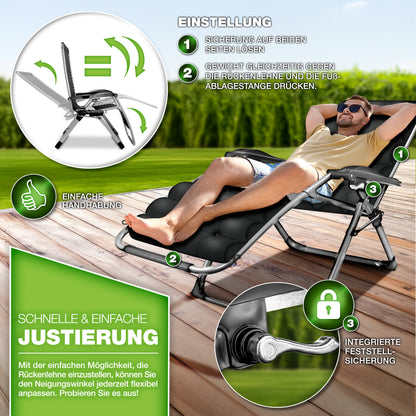 tillvex® Liegestuhl klappbar bis 200kg Sonnenliege Outdoor Gartenliege mit Kissen wetterfest Balkon, Garten & Terrasse Outdoor Liege verstellbar mit dickem Polster Relaxliege faltbar extra breit Nackenkissen Getränkehalter