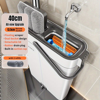 Joybos Großer Flachmopp mit Eimer, schmaler Bodenreiniger, mit Wringwringer, freihändiger Flachmopp, für Nass- & Trockenreinigung, trennt Schmutz- & Reinigungswasser, für Böden, Wände, Bodenreinigungs-Werkzeuge mit 2 waschbaren Mikrofasertüchern, 33 cm Mo