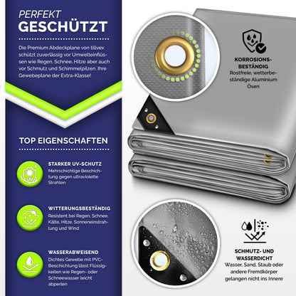 tillvex® Premium Abdeckplane 650g/m² Wasserdicht mit Ösen + 10x Spanngummi & 15m Seil | Gewebeplane Universell für Draußen, LKW, Pool, Holz Gartenmöbel | Premium PVC-Plane Reißfest | Gartenplane Abdeckung
