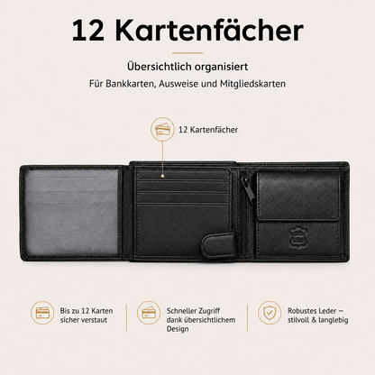 Herren Geldbörse aus echtem Nappaleder, Portemonnaie mit RFID-Schutz, 12 Kartenfächern, Geldscheinfach, für Business & Reisen