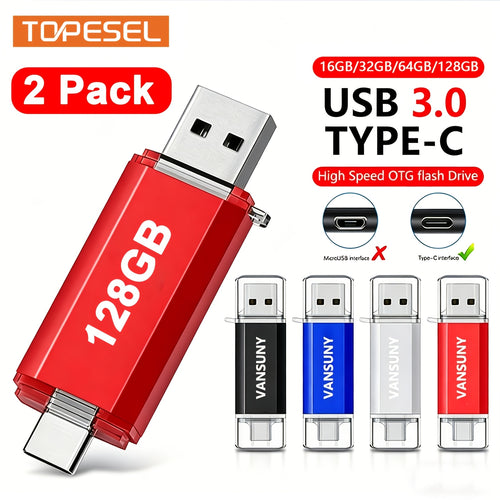 2er-Pack 16GB/32GB/64GB/128GB USB-C-Speicherstick 2-in-1 USB 3.0 Typ-C Dual-OTG-Metall-Speicherstick mit LED-Anzeige für USB-C-Smartphones, PC  Tablets
