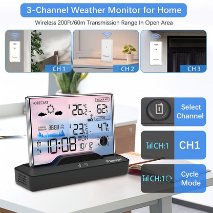 Geevon Kabelloses Thermometer für Innen und Außen mit farbigem Display - Digitale Temperaturkalender, Barometrischer Druck und Wettervorhersage, Batteriebetrieben, Innenraum-Temperaturmonitor | Modernes Thermometer-Design |, Wetterstation