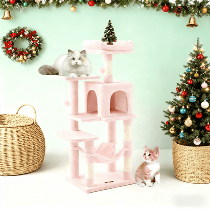 Katzenklettergerüst 112 cm hoch，Kratzbaum，mehrstöckiger Katzenbaum mit Höhle Schlafnest Plüschspielzeug , mehrstöckiges Katzenhaus mit 4 Kratzsäulen, 2 Plattformen, Hängematte,Stabiles Und Langlebiges ,für Wohnungskatzen Und Kätzchen