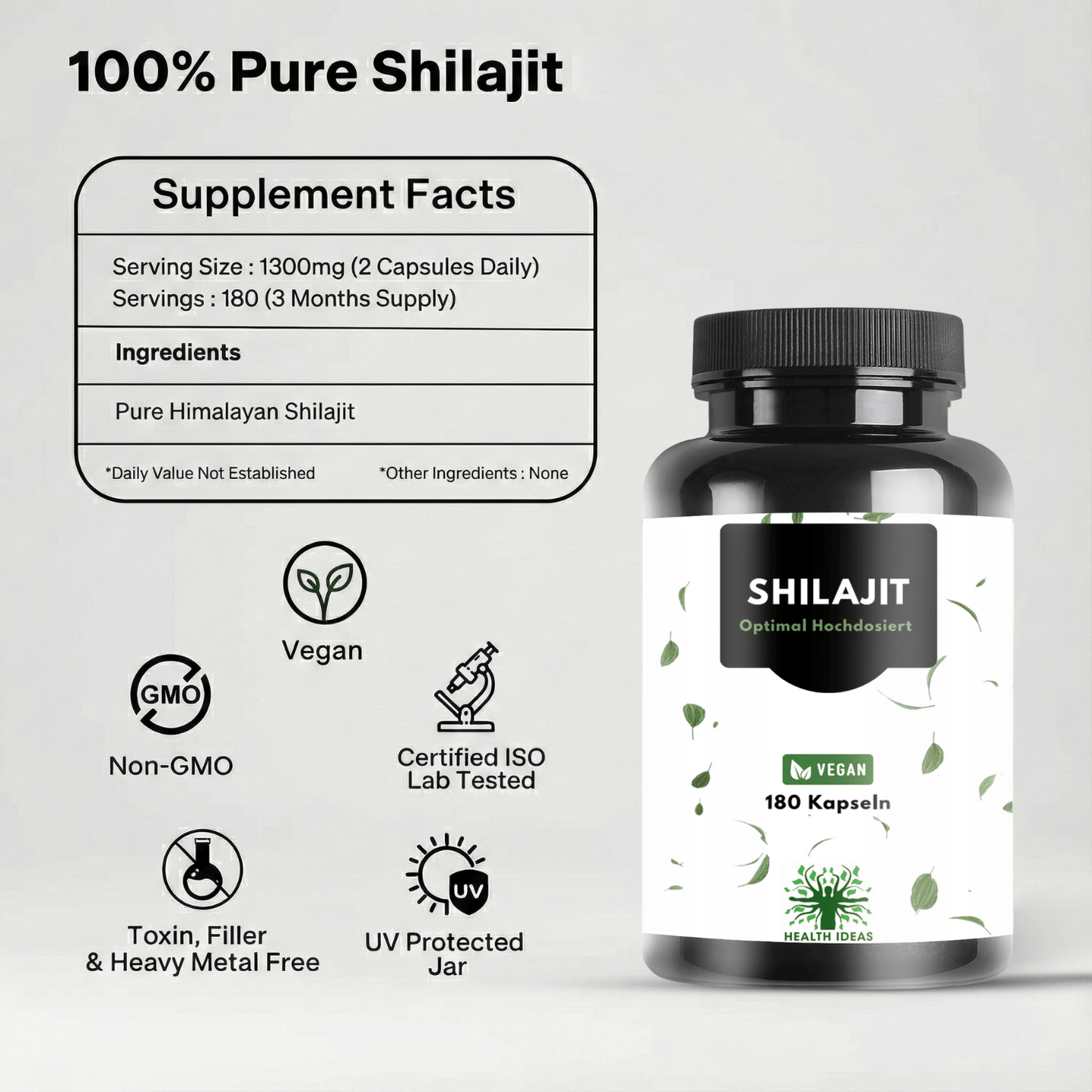 Shilajit Kapseln mit Huminsäure & Spurenelementen – 1300 Mg pro Portion – 180 vegane Kapseln – Shilajit Mumijo Supplement für Erwachsene