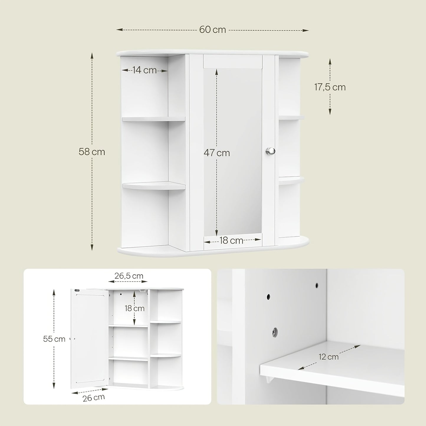 1-tlg. Badezimmerspiegel-Wandschrank, weißes MDF mit verstellbaren Regalböden, Türen, Badezimmermöbel-Set, stilvoller Stauraum für Badezimmer, Schlafzimmer oder Flur, einfache Montage, hochwertige Verarbeitung, 60x58x16cm