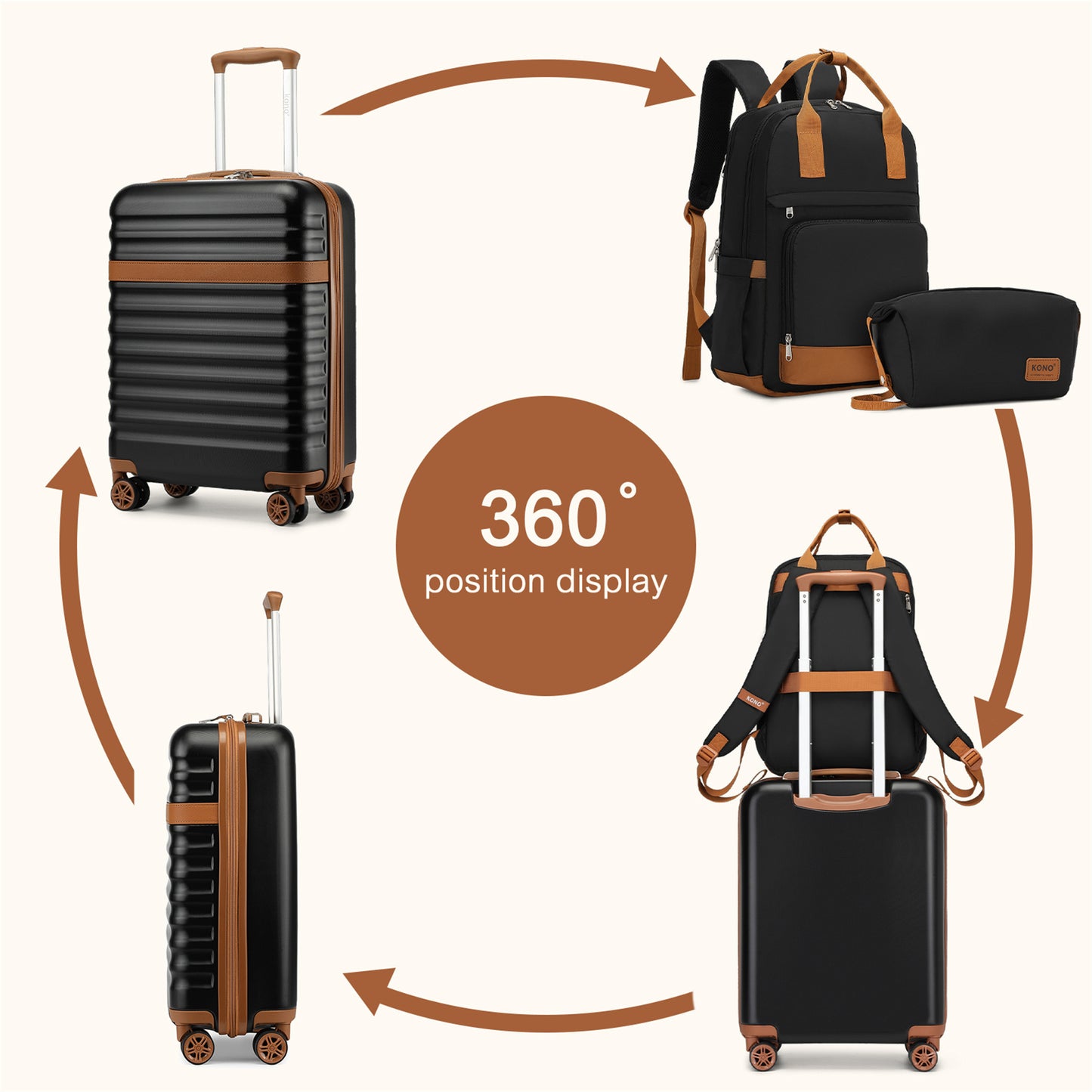 3-teiliges Koffer-Set Trolley Handgepäck Koffer Reisekoffer aus ABS + PC Hartkoffer mit 4 Rädern TSA-Schloss Koffer-Set beinhaltet 1 Reiserucksack und 1 Kulturtasche Zurück zur Schule Urlaubsgeschenk