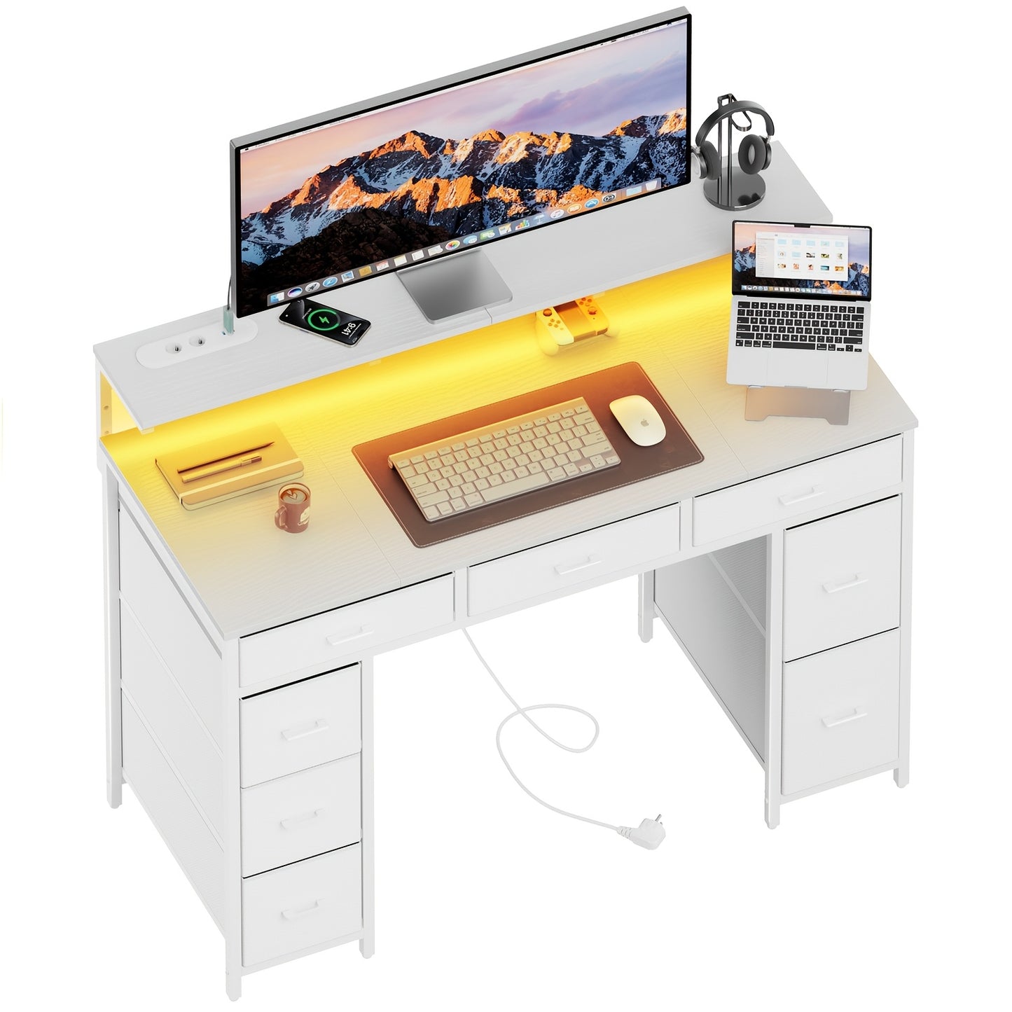 Computer Schreibtisch mit 8 Stoff-Aufbewahrungsschubladen, Schlafzimmer Arbeits-/Büroschreibtisch, 119,38 cm Gaming Schreibtisch mit LED-Beleuchtung und USB-Steckdosen, Home Office Schreibtisch mit Monitorständer, 4 Farben
