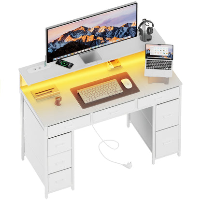 Computer Schreibtisch mit 8 Stoff-Aufbewahrungsschubladen, Schlafzimmer Arbeits-/Büroschreibtisch, 119,38 cm Gaming Schreibtisch mit LED-Beleuchtung und USB-Steckdosen, Home Office Schreibtisch mit Monitorständer, 4 Farben