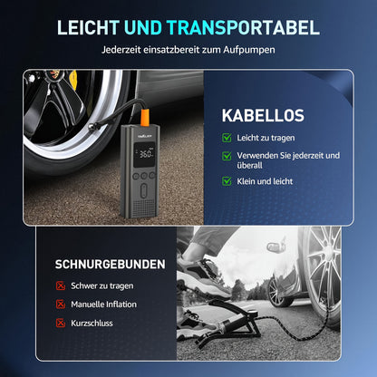 3-150 PSI Ballpumpe Tragbarer Luftkompressor - 150 PSI Elektrische Fahrradluftpumpe, 3X Schnelle Autoreifenluftpumpe - Kabellose Autoreifenpumpe mit Manometer  LED-Licht - Elektrische Luftpumpe mit Automatischer Abschaltung für Auto, Motorrad, Fahrrad, Bä