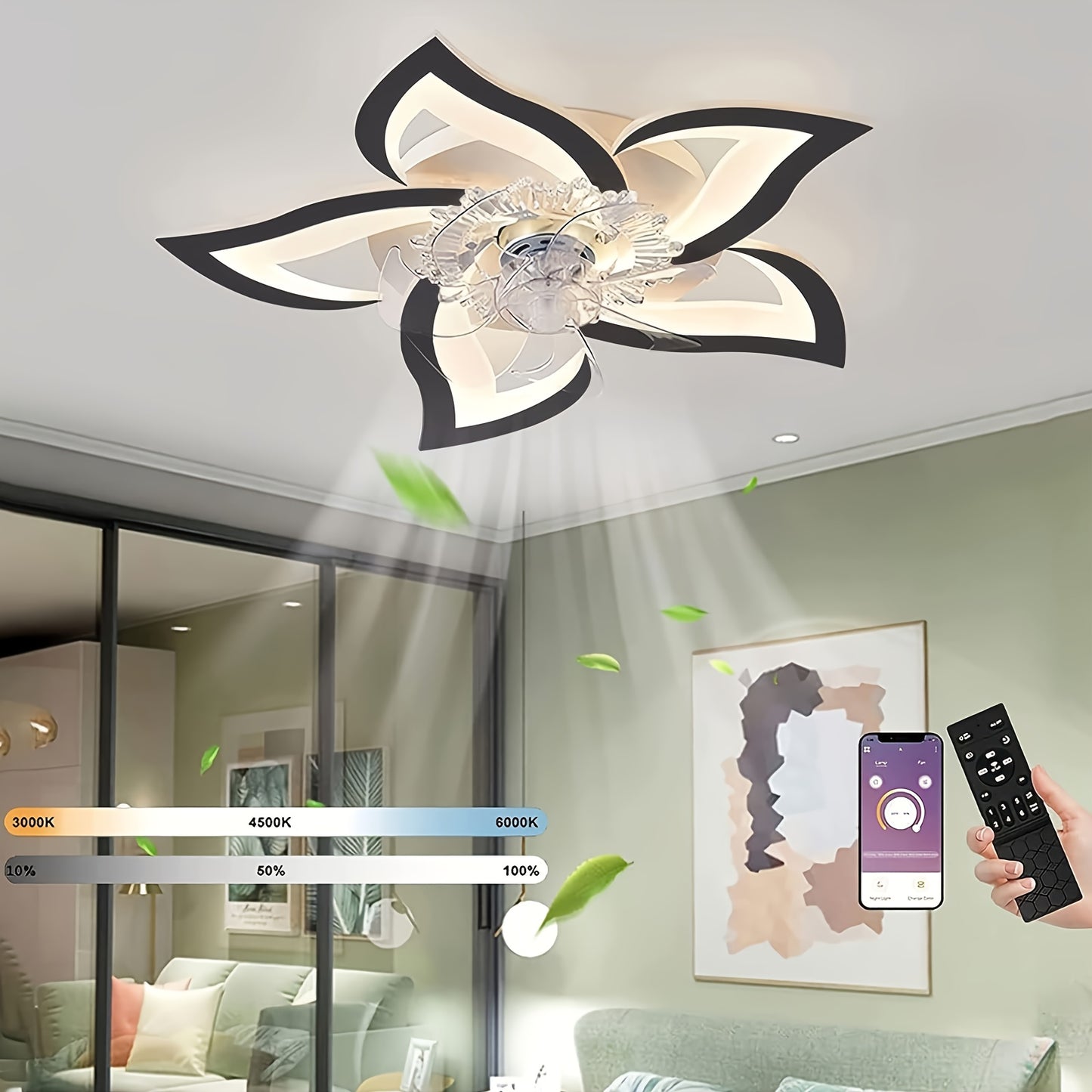 LED Leiser Deckenventilator mit Beleuchtung, Schlafzimmer Deckenleuchte mit Fernbedienung und App, Dimmbare Lampe mit Ventilator 5 Lichter Blumenform Acryl Lampenschirm Wohnzimmer Küche, 69Cm