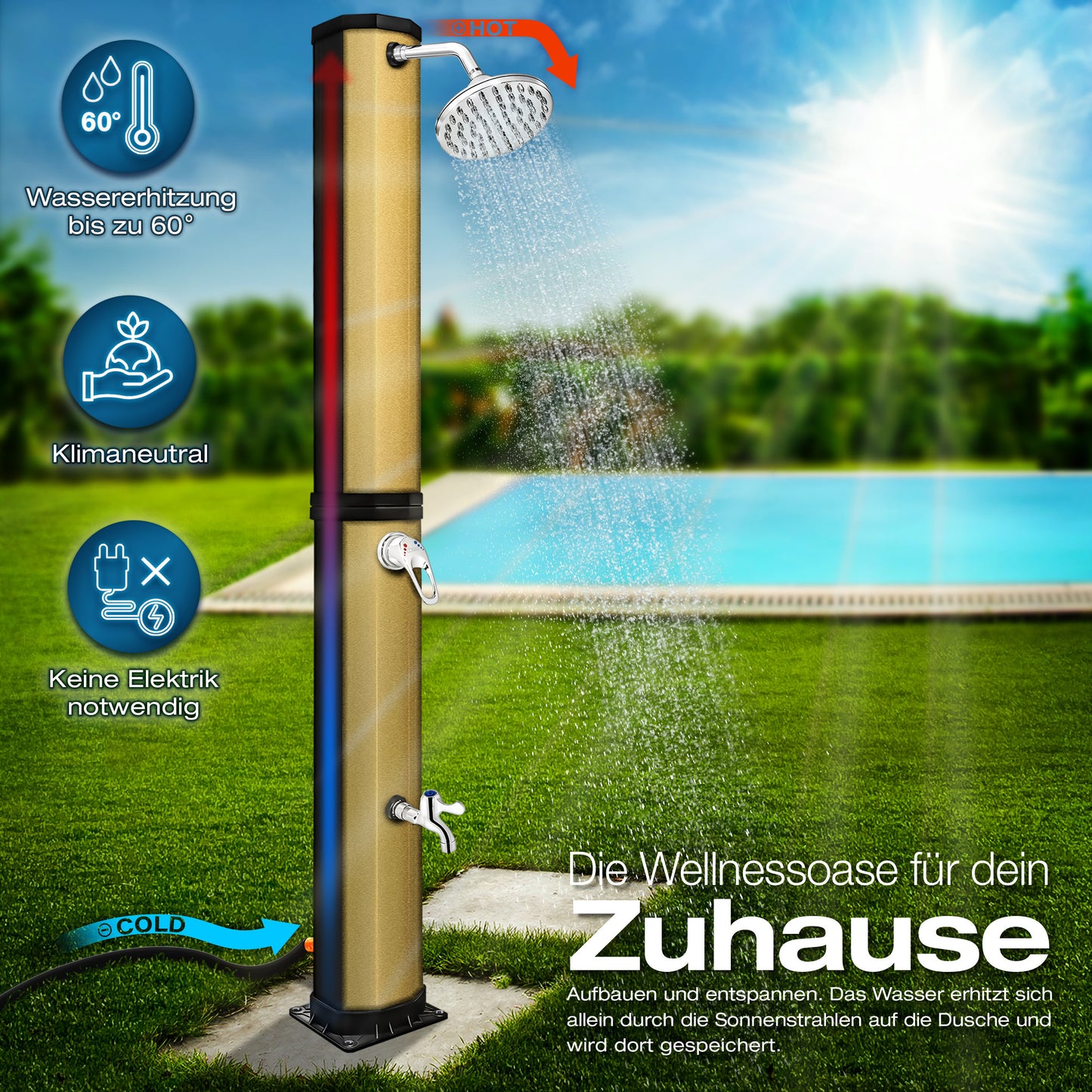 tillvex® Solardusche 20 - 60 Liter inkl. Abdeckung Solar Gartendusche Solar für draußen Pooldusche Komplettset warmes Wasser Camping ohne Stromanschluss mit Wasserhahn Gartenschlauch-Anschluss