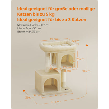 Katzenklettergerüst 74 cm hoch, Katzenbaum Kratzbaum, große Plattform, 2 Katzenhöhlen, Sisalstämme, Katzenhaus,Stabiles Und Langlebiges ,Einfache Montage