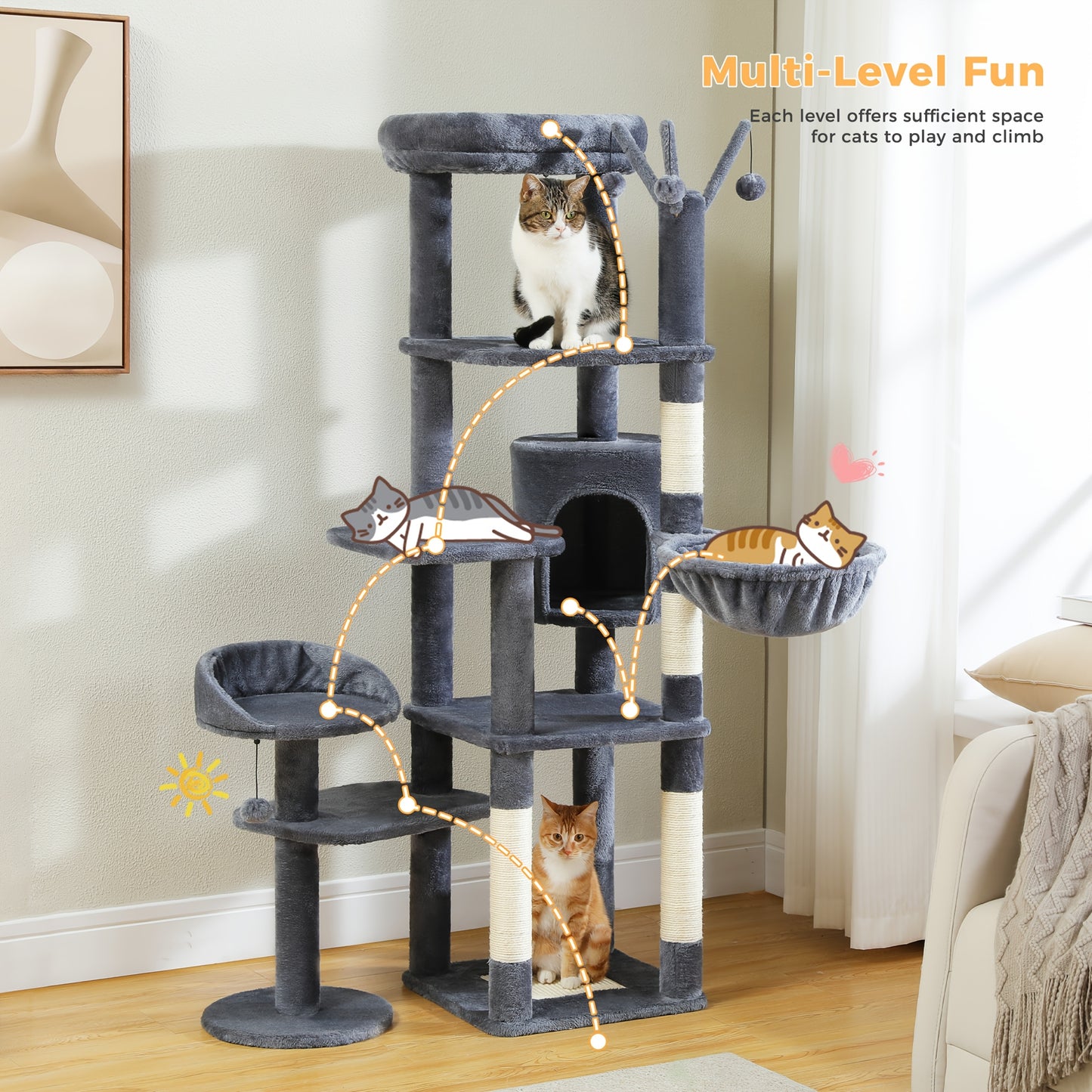 Pawz Road Cactus Katzenbaum Turm, ein perfektes Weihnachtsgeschenk für Katzen, mit Klettern und Sprungbereichen im Innenbereich, einer weichen, gemütlichen Hängematte, einem Condo in Grün, natürlichem Sisal und Kratzbäumen, mit einer Höhe von 150 cm