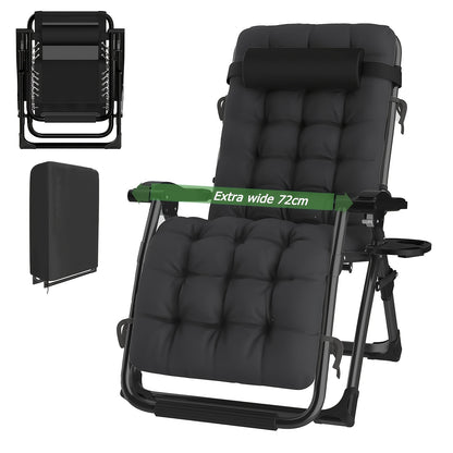 Übergroßer Schwerkraftloser Liegestuhl, 72 cm extra breit, klappbarer & verstellbarer Liegesessel, Tragkraft 500 lbs/200 kg, abnehmbares weiches Baumwollkissen mit Kopfstütze, Getränkehalter, Schwarz-Grau, für Garten, Terrasse, Balkon, Außenbereich